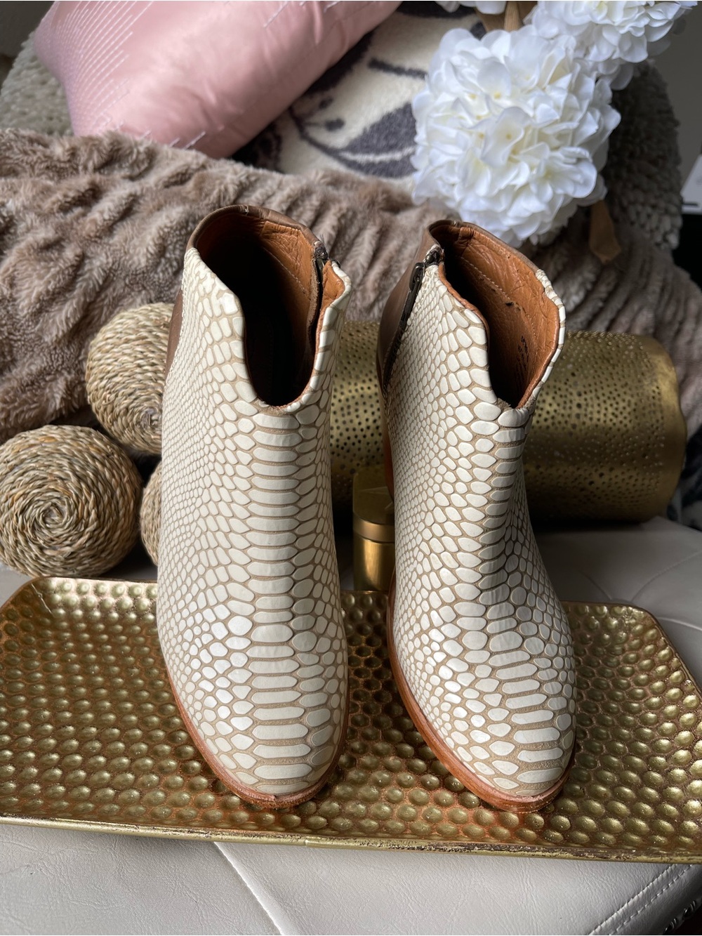 Freebird “Detroit” Heeled Ankle Bootie in White Snake Leather